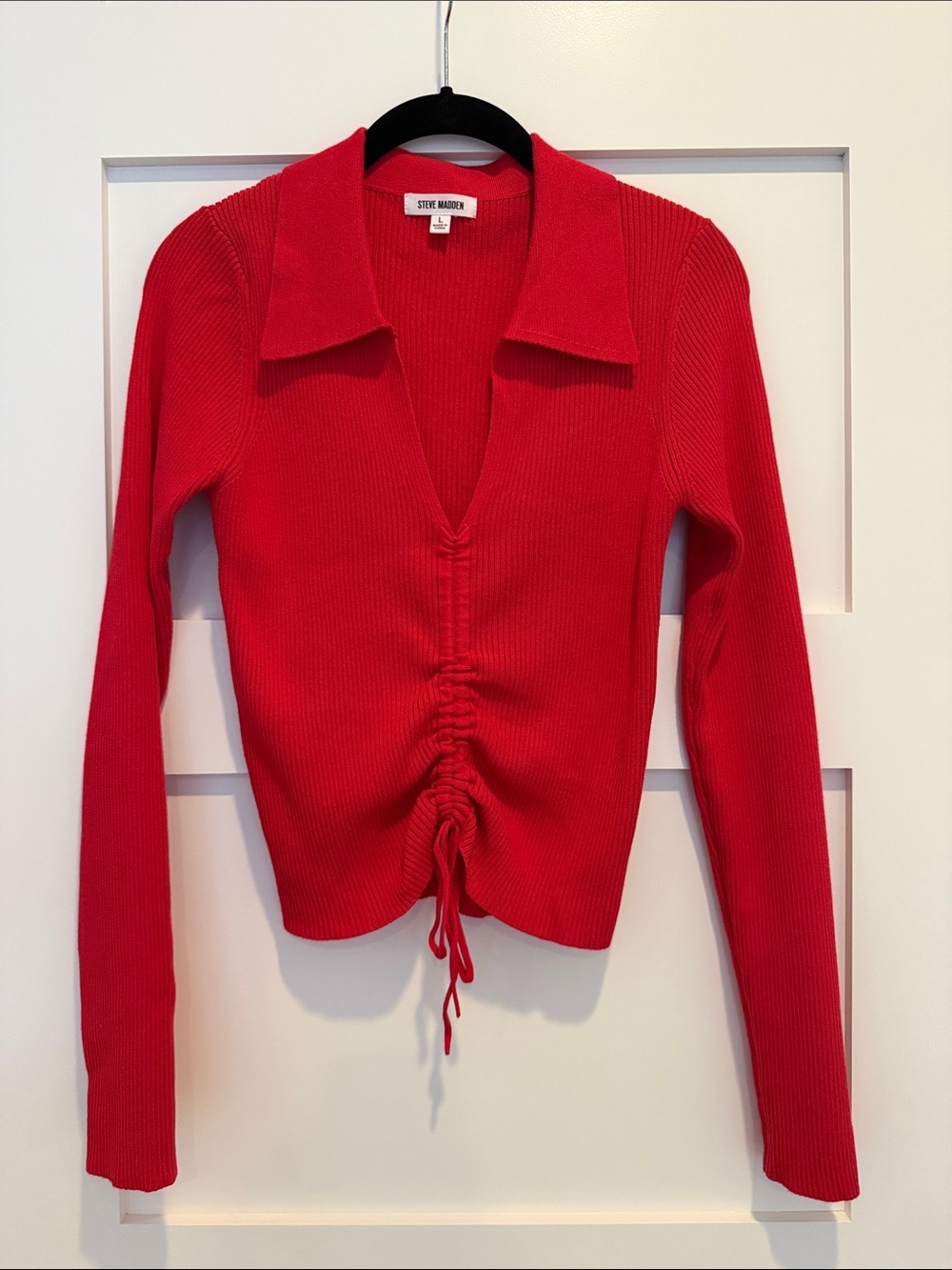 Steve Madden Bright Red Ruched Collared Sweater